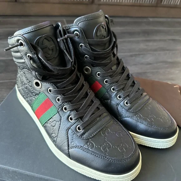 Gucci Black Leather High-Tops with Red and Green Stripes - Picture 4 of 7